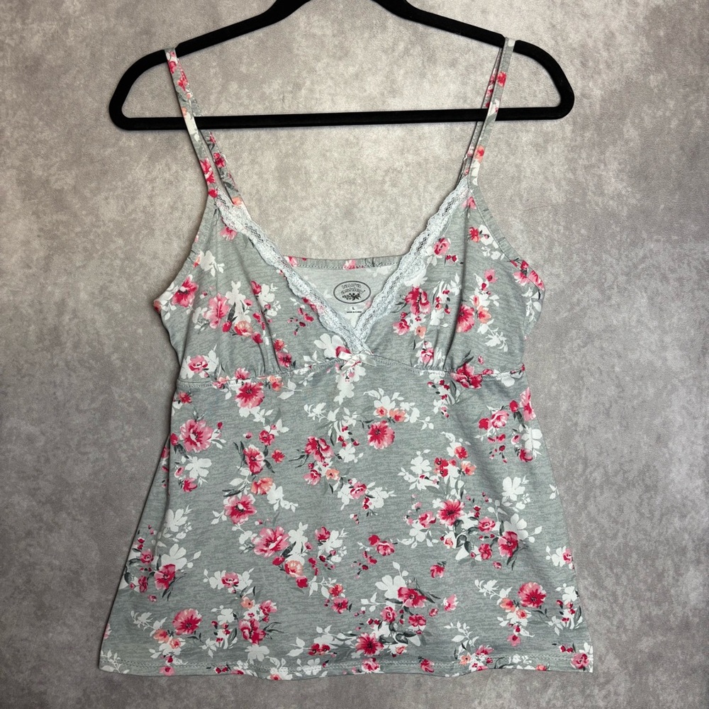 Laura Ashley Y2K Gray & Pink Floral Fitted Camisole With Lace Trim Size Large